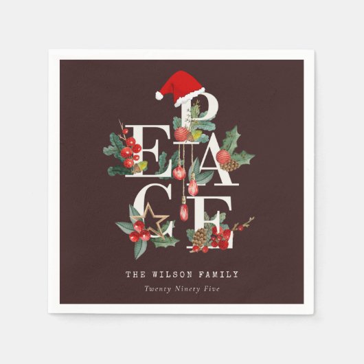 茶色の赤い緑の白い平和のクリスマスリーフ スタンダードカクテルナプキン (正面)