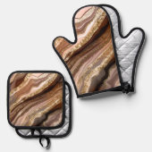 茶色の赤面金ゴールドアガートルック抽象的 鍋つかみ&鍋敷きセット (正面/裏面)