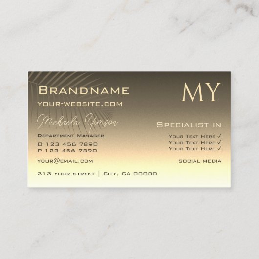 茶色の金ゴールドグラディエントとヤシの葉とモノグラム 名刺 (裏面)