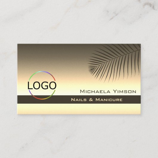 茶色の金ゴールドグラデーションパームリーフとロゴと写真 名刺 (正面)