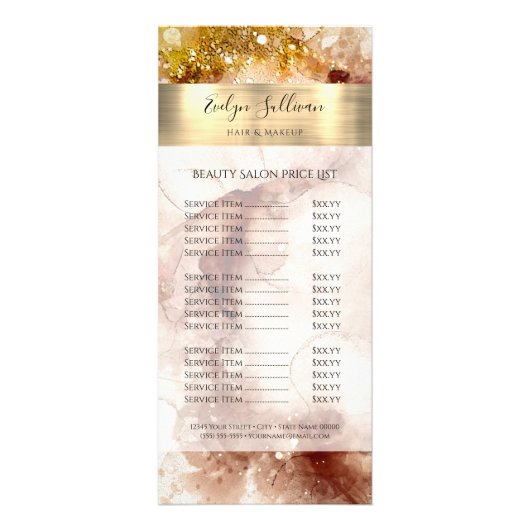 茶色の金ゴールドグリッター水の色の価格表 ラックカード (正面)