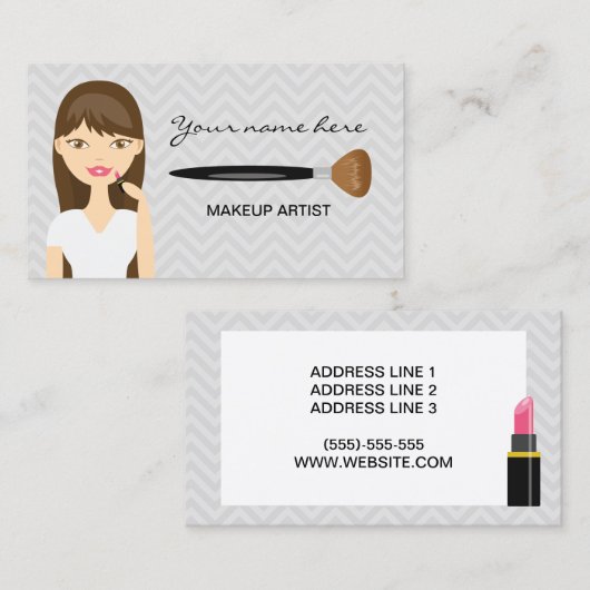 茶色の長いヘアメイクアップアーティストの女性 名刺 (正面/裏面)