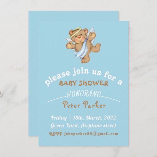 茶色の青いテディベアベビーシャワーの招待 エンクロージャーカード (正面/裏面)