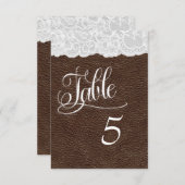 茶色の革とレースの結婚式テーブルナンバーカード 招待状 (正面/裏面)