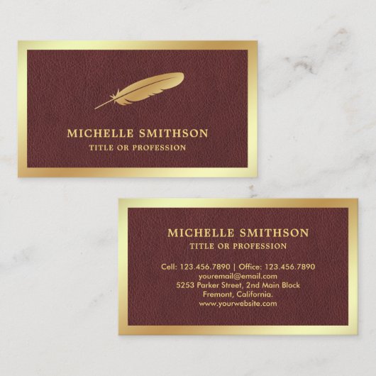 茶色の革金箔フェザーヴィンテージクイルペン 名刺 (正面/裏面)