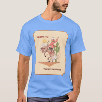 茶色の馬が自由に歩くスタイルでサドルを上げる Tシャツ