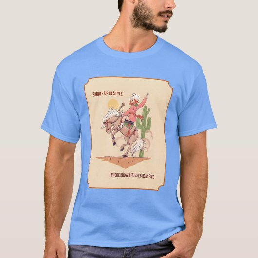 茶色の馬が自由に歩くスタイルでサドルを上げる Tシャツ (正面)