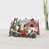 茶色の馬と牛のクリスマスファーム シーズンカード (正面)