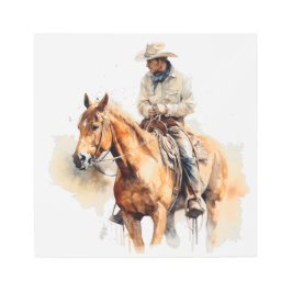 茶色の馬にも乗るカウボーイ、カスタマイズ可能 メタルプリント