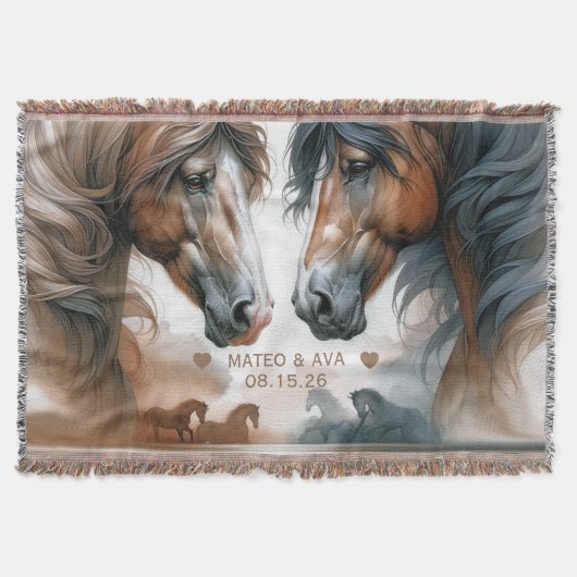 茶色の馬のウエディング カップル スローブランケット (正面)