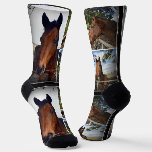 茶色の馬の写真コラージュ、クルーソックス ソックス (傾斜あり)