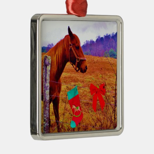 茶色の馬の紫の木のクリスマス メタルオーナメント (右)