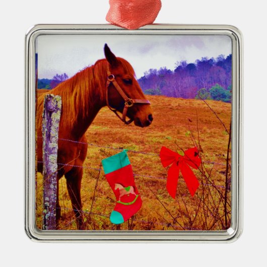茶色の馬の紫の木のクリスマス メタルオーナメント (正面)