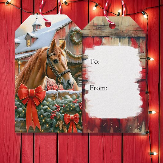 茶色の馬、リボンと納屋の素朴なクリスマス ギフトタグ