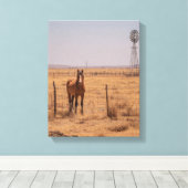 茶色の馬 風車 牧草地 日没 アート キャンバスプリント (インサイチュ (ウッドフロア))