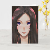茶色の髪と青い目をしたかわいいアニメの女の子 カード (黄色い花)