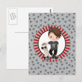 茶色の髪のスケートボード少年 - グレー レッド ポストカード (正面/裏面)