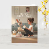 茶色の髪の少女と可愛いウサギがゴールドの誕生日ドレスで カード (黄色い花)