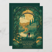 茶色の髪をした花嫁と新郎 招待状 (正面/裏面)