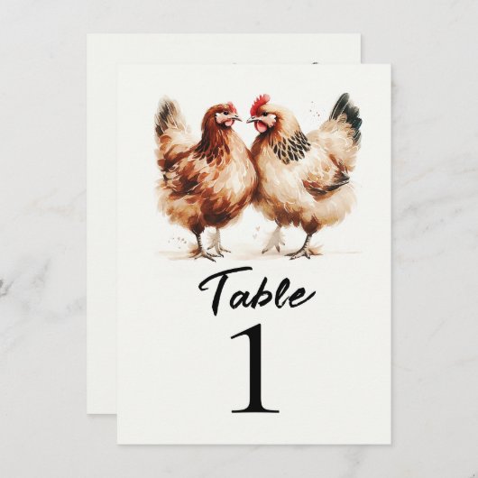 茶色の鶏の国の結婚式テーブル番号 招待状 (正面/裏面)