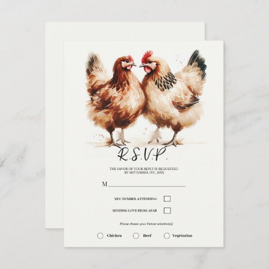 茶色の鶏の水の色素朴結婚の 招待状 (正面/裏面)
