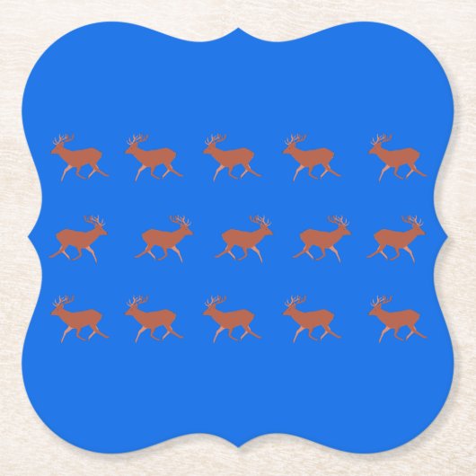 茶色の鹿が歩くお祭りの模様 青 ペーパーコースター (正面)