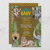 茶色の黄色のサファリジャングル動物のベビーシャワー 招待状 (正面/裏面)