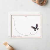 茶色の黄色の青い蝶の飛行モノグラム名 ノートカード (正面/裏面インサイチュ)