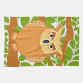茶色よくはしゃぐフクロウ鳥ウッドランドイラストレーション キッチンタオル (横)