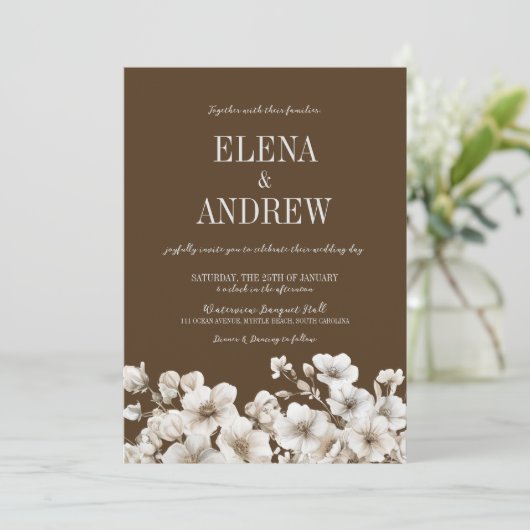 茶色エレガントと白のフローラ結婚の 招待状 (スタンド正面)