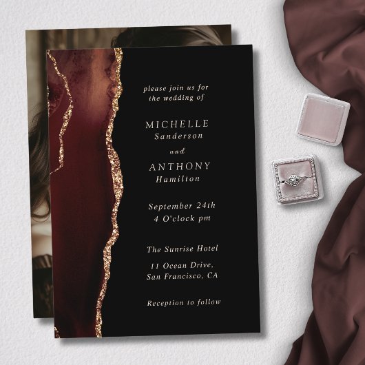 茶色エレガントのアゲート金ゴールドの結婚写真 招待状