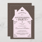 茶色エレガントのダマ淡い色のスクピンクハウス引っ越し祝いパーティー 招待状 (正面/裏面)