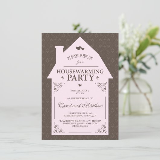 茶色エレガントのダマ淡い色のスクピンクハウス引っ越し祝いパーティー 招待状 (スタンド正面)