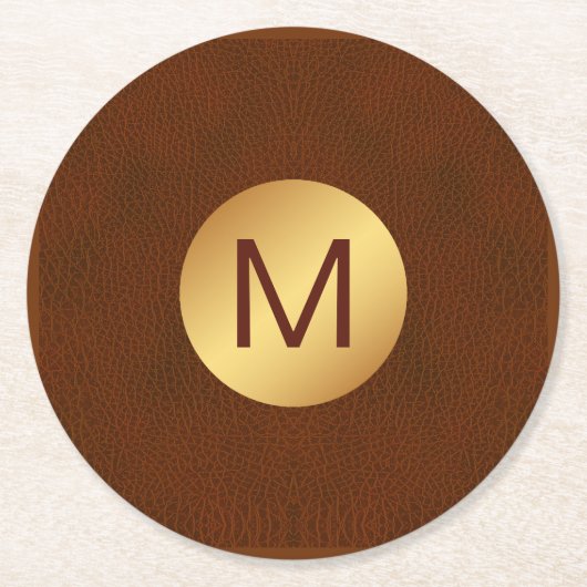茶色エレガントのテクスフェイクチャと金ゴールドのイニシャル名 ラウンドペーパーコースター (正面)