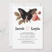 茶色エレガントのピンク色の蝶フローラ結婚 招待状 (正面)