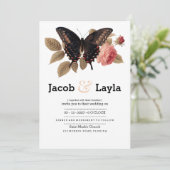 茶色エレガントのピンク色の蝶フローラ結婚 招待状 (スタンド正面)