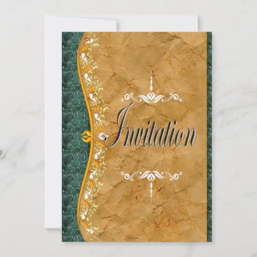 茶色エレガントの招待状に緑とオレンジ 招待状 (正面)