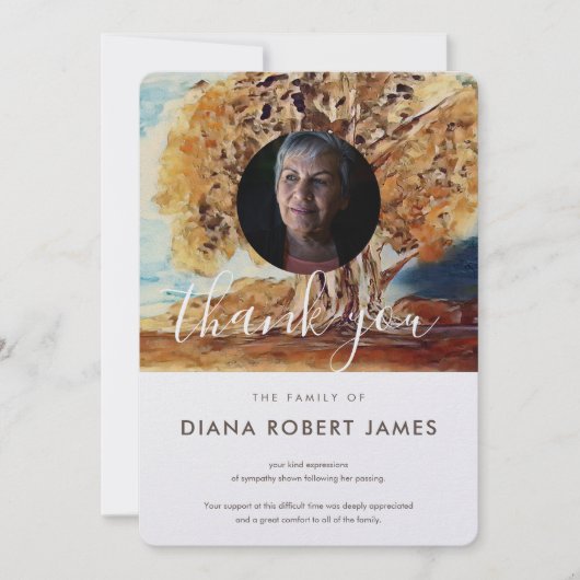 茶色エレガントの秋素朴の木の写真悔やみや弔慰 サンキューカード (正面)