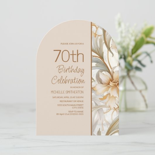 茶色エレガント水色フローラアーチ70誕生日 招待状 (スタンド正面)