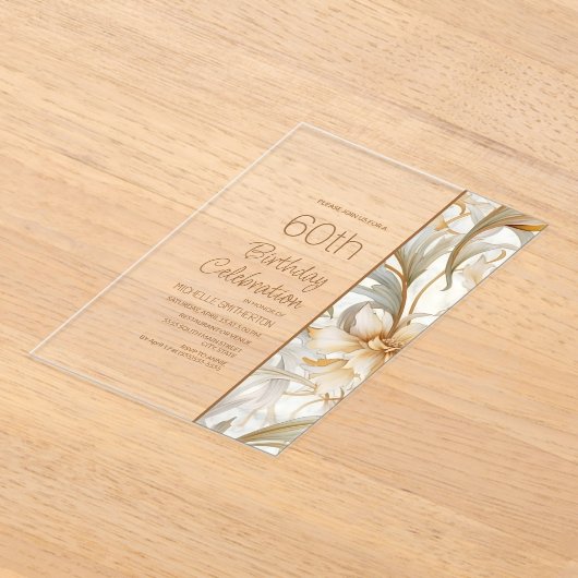 茶色エレガント水色フローラ60誕生日 アクリル招待状 (レイダウン)