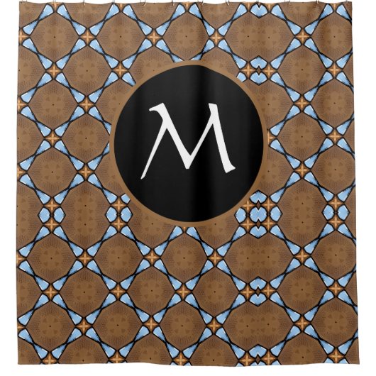 茶色エレガント青幾何学模様モノグラム シャワーカーテン (正面)