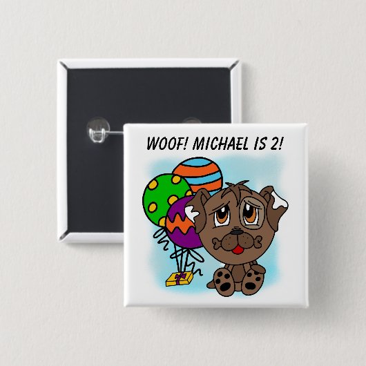 茶色カスタマイズの子犬の誕生日ボタン 缶バッジ (正面&裏面)