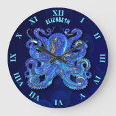 茶色サイケデリックの目カラフルを持つ青いタコ ラージ壁時計 (正面)