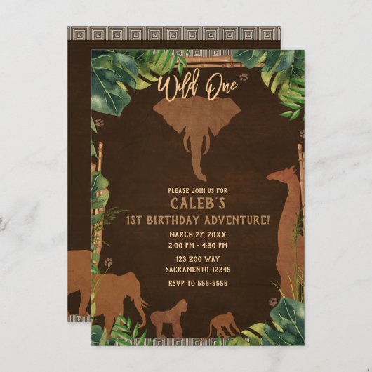 茶色サファリジャングル動物園の野生動物 ワイルドワン 1stパーティー 招待状 (正面/裏面)