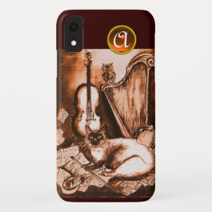 茶色セピア宝石モノグラムのフクロウを有するミュージカル猫 iPhone XRケース
