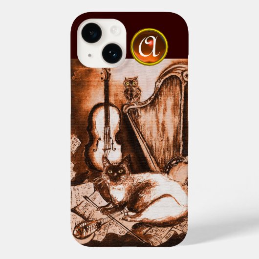 茶色セピア宝石モノグラムのフクロウを有するミュージカル猫 Case-Mate iPhoneケース (裏面)
