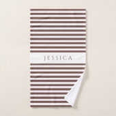 茶色パーソナライズされたのパタストライプのーン バスタオルセット (ハンドタオル)