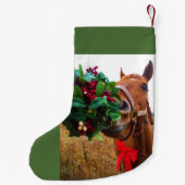 茶色パーソナライズされた馬の赤い弓とヤドリギ スモールクリスマスストッキング (裏面)
