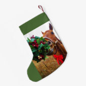 茶色パーソナライズされた馬の赤い弓とヤドリギ スモールクリスマスストッキング (裏面 (吊り時))