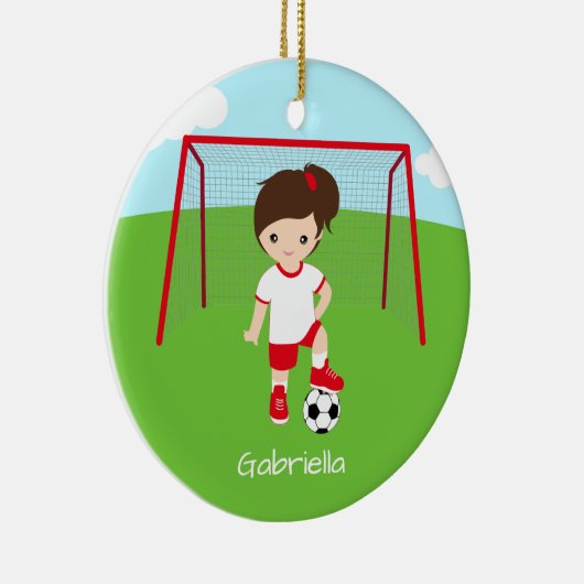 茶色パーソナライズされた髪サッカー女子クリスマス セラミックオーナメント (右)